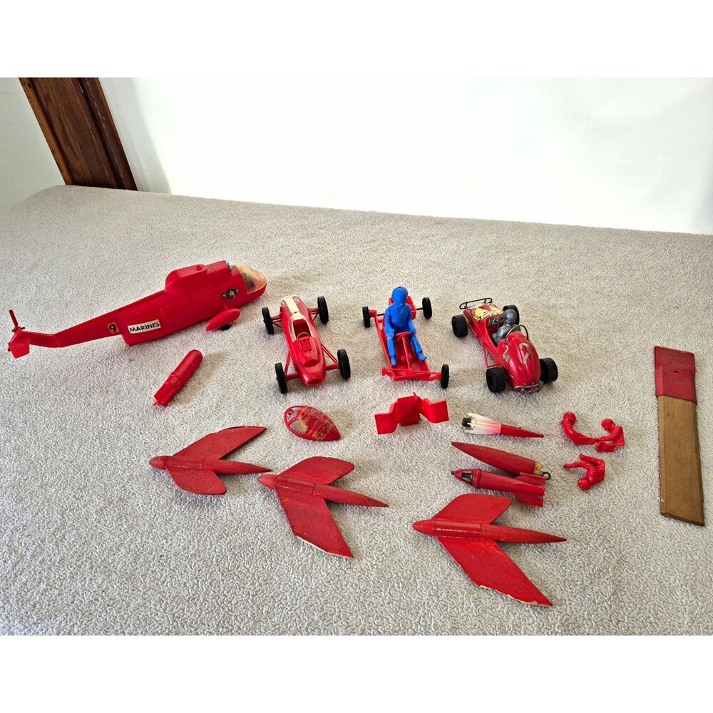 Vintage Red Plastic U.S. Marines Play Set Lot: Helicopter, Race Cars, Rockets